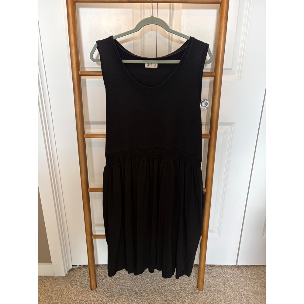 24/7 by Maurices Womens 3X Black Ribbed Smocked Waist Sleeveless Skater Dress